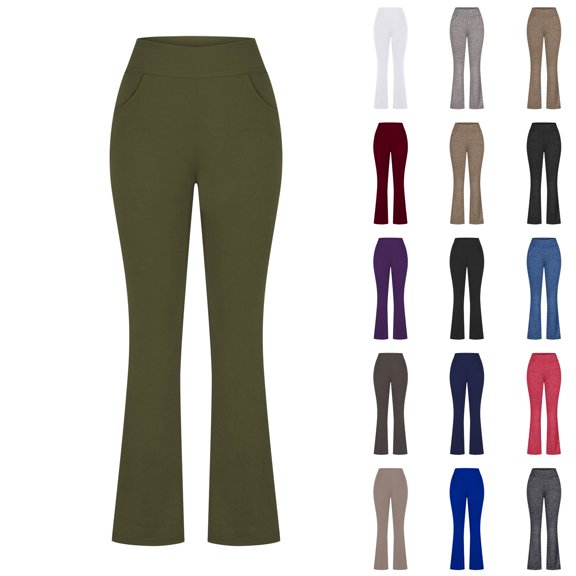 SROBPTY Womens Pants Solid High Elastic Waist Flare-Leg Stretch Relaxed Active Long Trousers for Everyday Use