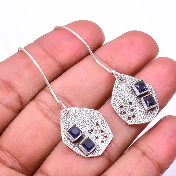 Blue Sapphire (Simulated) 925 Sterling Silver Handmade Earring 1.95" E936018547, Beautiful Jewelry For Woman, New Year Sale, Valentin's Day Gift
