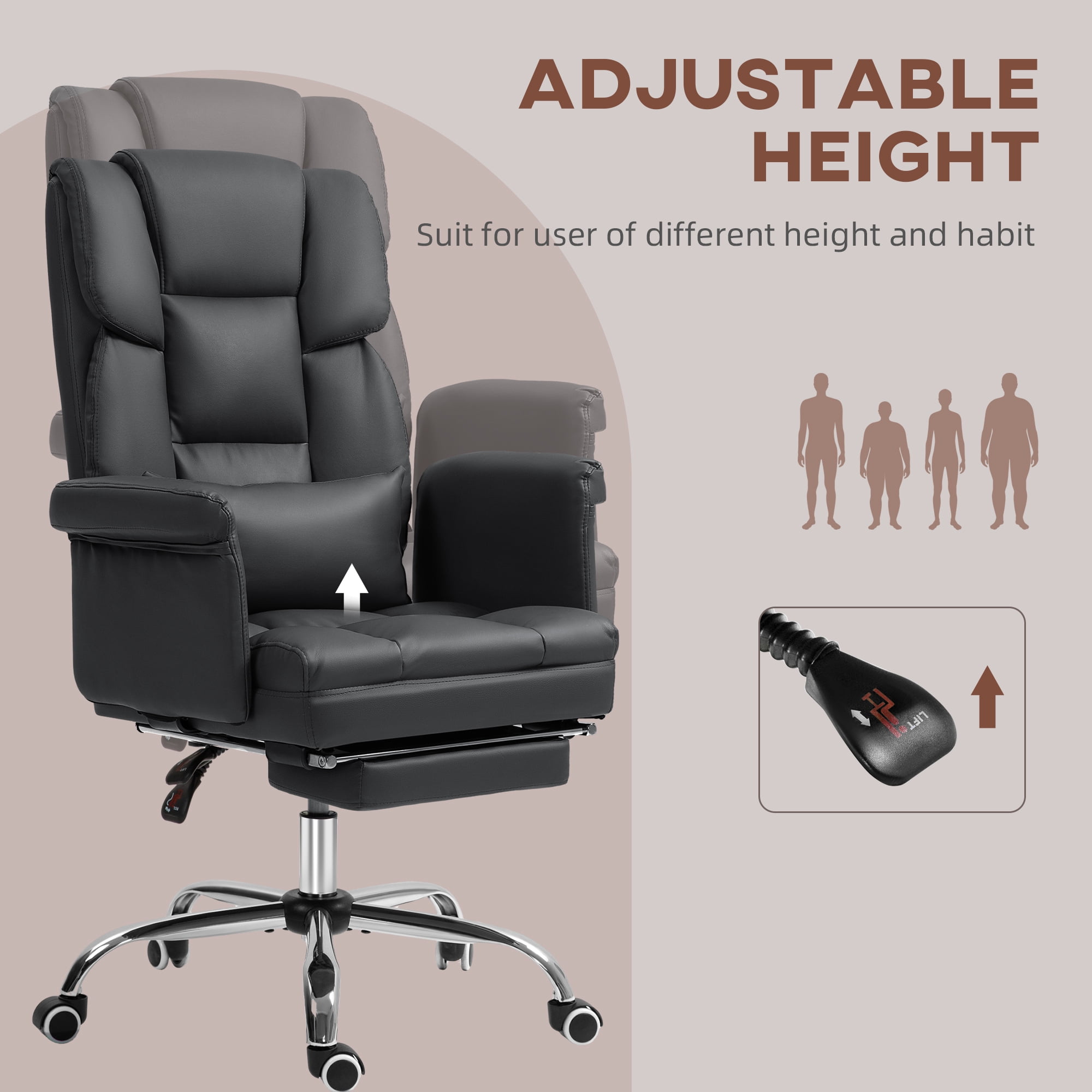 HOMCOM Executive Office Chair with Footrest and Lumbar Support, PU Leather Office Desk Chair, Ergonomic, Reclining and Swivel Chair, Black