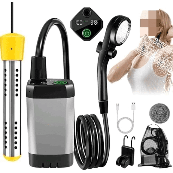 Portable Shower With Heater,Portable Shower For Camping With 2000W Auto-Off Heater,4 Spray Modes,Lasting 140 mins,LED Display,Portable Shower Pump,Outdoor Shower For Camping,Hiking,Travel,Car,Pet