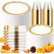 MY 50 Guests Dinnerware Sets, Gold Plastic Plates，Platos Para Fiestas Elegantes Desechables Include:50 Dinner Plates, 50 Dessert Plate, 150 Pcs Gold Plastic Silverware, 50 Cups for Party