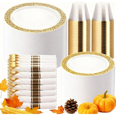 MY 50 Guests Dinnerware Sets, Gold Plastic Plates，Platos Para Fiestas Elegantes Desechables Include:50 Dinner Plates, 50 Dessert Plate, 150 Pcs Gold Plastic Silverware, 50 Cups for Party