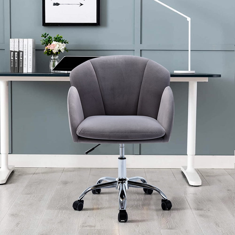 Gray Velvet Office Chair on Wheels, Modern Home Ergonomic Chair Desk Task Chair for Girls