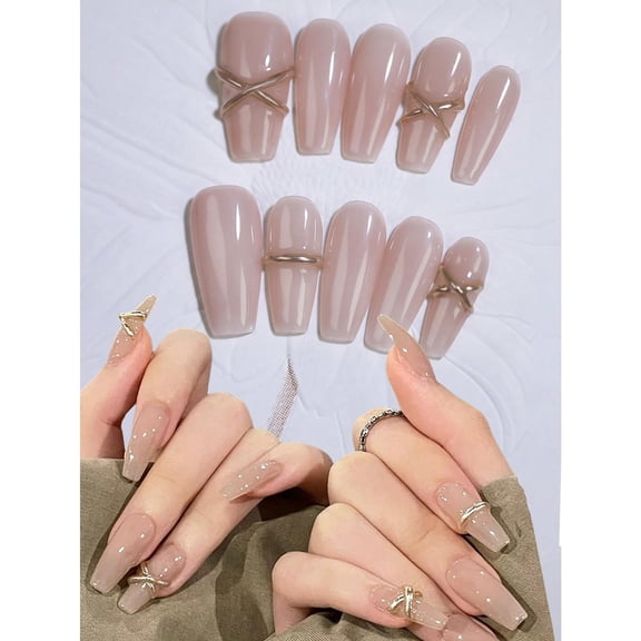 Nude Pink Color 3D Metal Magic Lines Decoration Punk 100% Handmade Press On Nails Set 10pcs Coffin Medium Long Manual Nails Reusable Fake Nail Tips For Women And Girls DIY Nail Art Design Nail