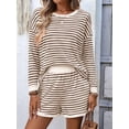 thumbnail image 6 of 2 Piece Sets for Women Summer Cute Stripe Long Sleeve Knit T Shirts Shorts Matching Lounge Set Khaki S, 6 of 8