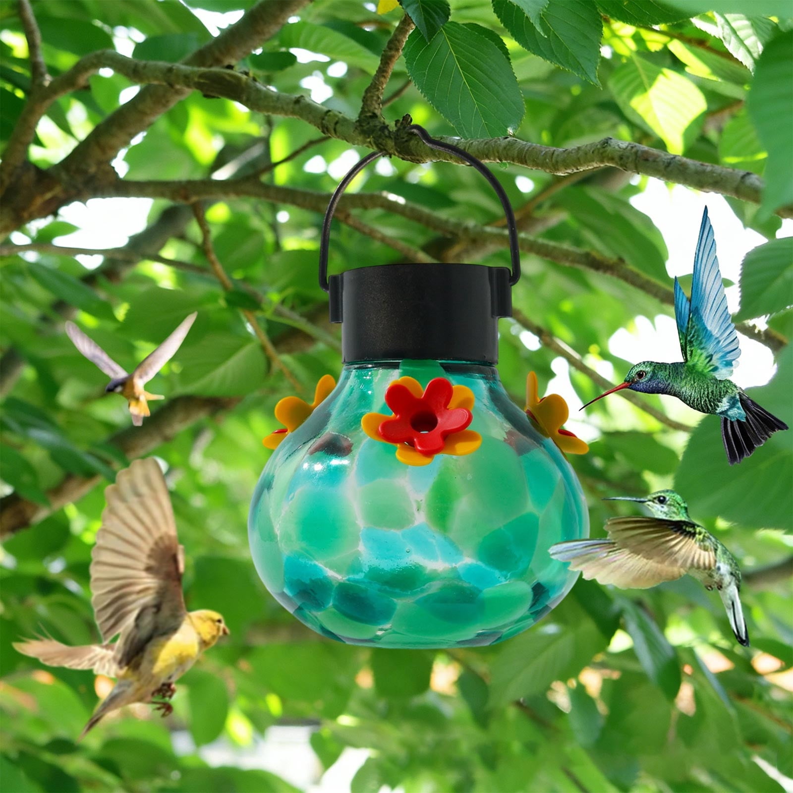 Solar-Powered Lighted Hummingbird Feeder Automatic Unit, Hanging Outdoor Decorative Feeding Station for Patio Garden Yard Decoration