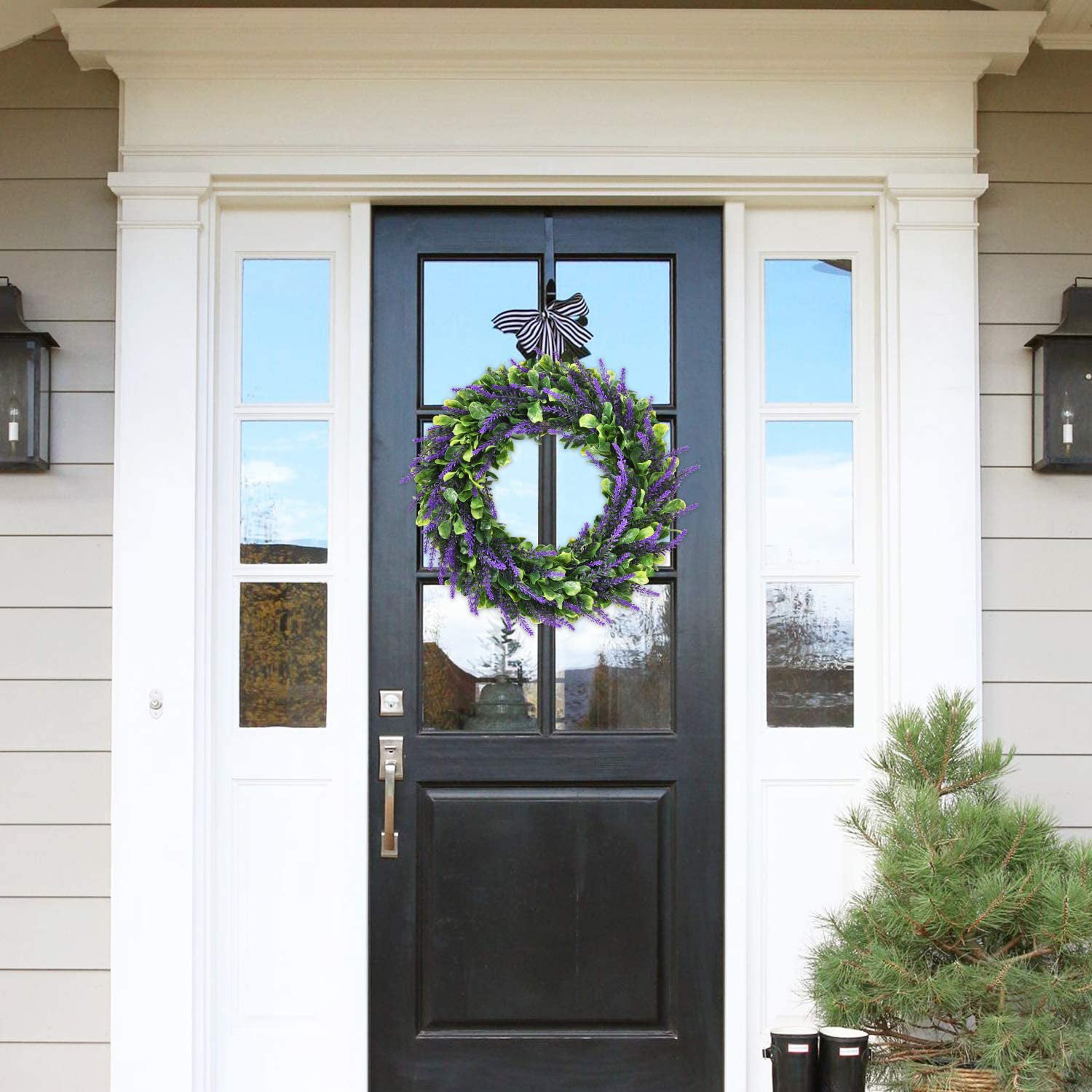 Artificial Lavender Wreath 16.5'' Green Leaves Boxwood Wreath Home Door Decor 