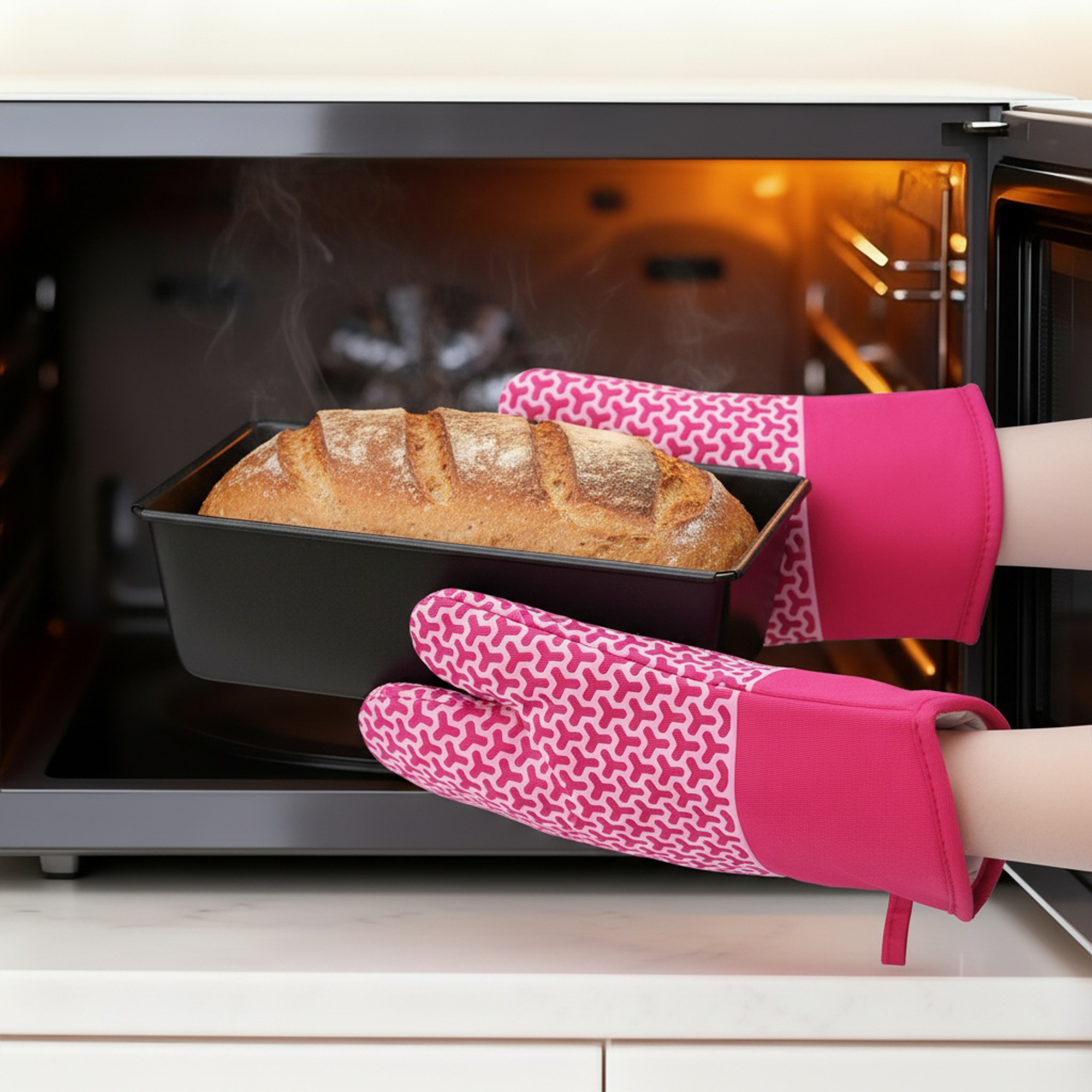 Unique Bargains Heat Resistant Cooking Gloves Flexible Gripping Rose Red 12.8x7.5inch