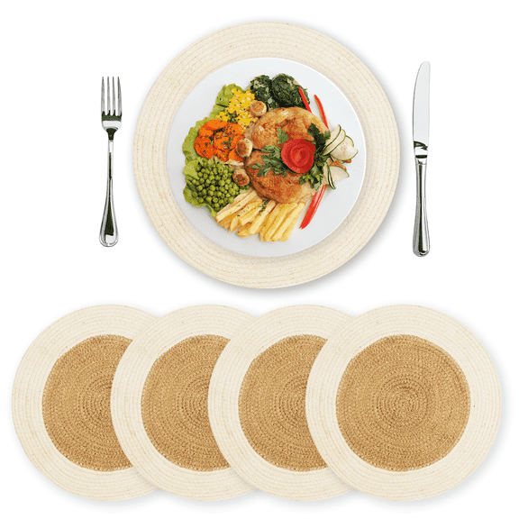 Eco Crave Jute Round Placemats Set of 4 – Hand Woven Natural Beige Jute with White Rim, 13" White Jute Placemats, Woven White Round Placemats, Farmhouse Table Decor