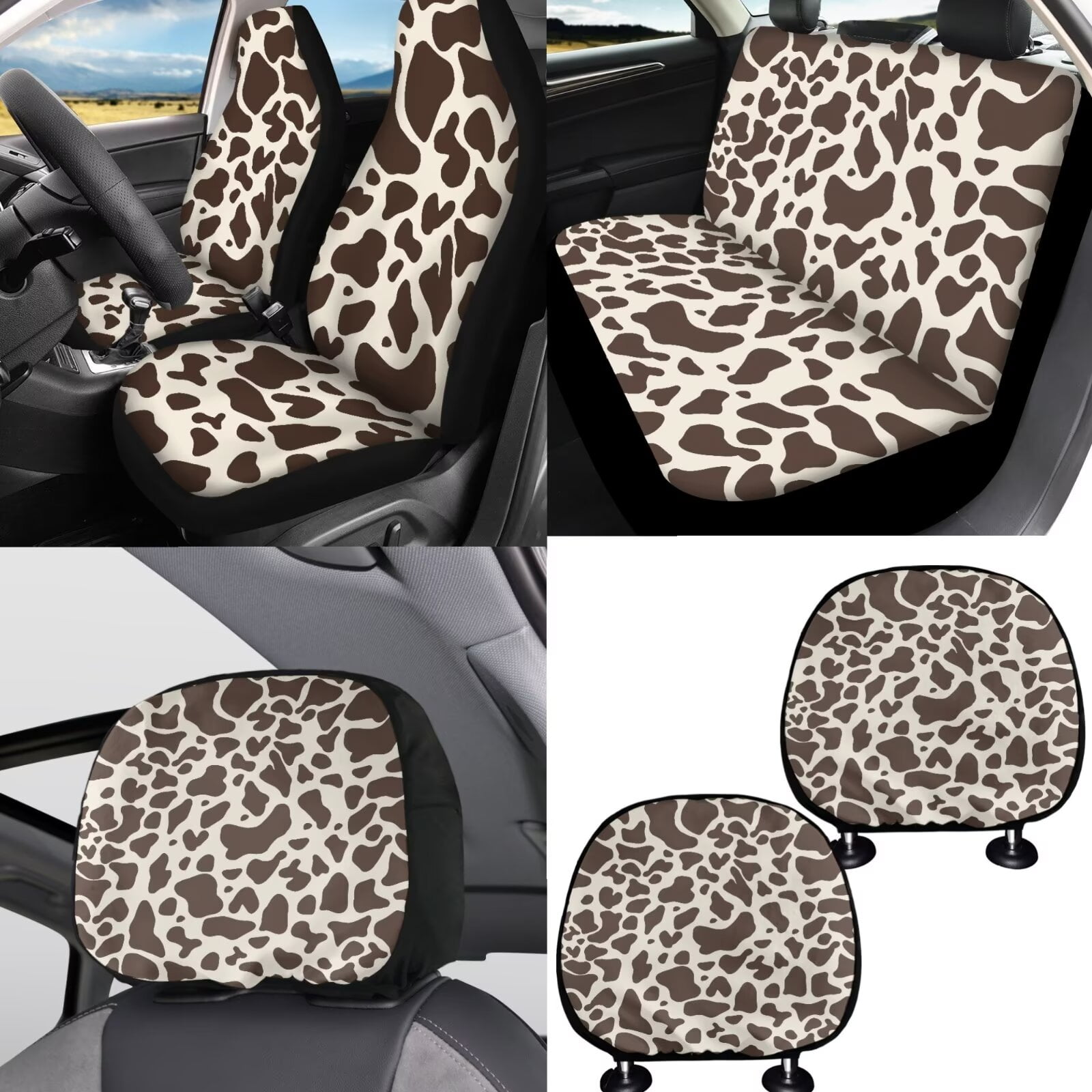 FKELYI 16-Piece Car Interior Set Auto Seat Covers with Steering Wheel Covers Brown Cow Print Seat Belt Pads Headrest Covers Hanbrake Cover Gear Shift Cover Armrest Pad Coasters