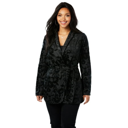 Belted Blazer - Roaman's Plus Size Belted Velvet Blazer With Burnout Pattern