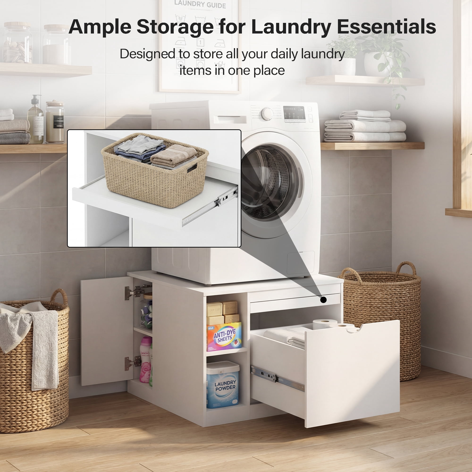 Advwin 29" Washer and Dryer Pedestal, Heavy Duty Washing Machine Stand with Laundry Basket Shelf, Large Drawer, Storage Shelf & Cabinet, Universal Fit Anti-Vibration Laundry Pedestal, White