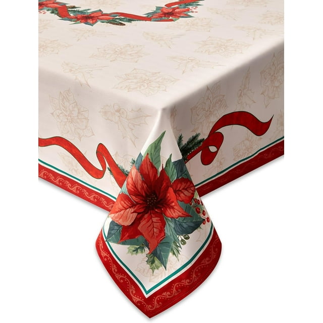 Poinsettia Ribbon Engineered Printed Fabric Christmas Tabletop for Xmas Winter Holiday, Christmas Time, Tablecloth, 52 x 52 Square