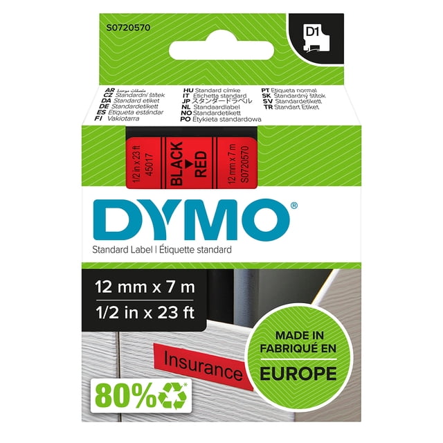 Label Ribbon DYMO D1 12 mm negro/rojo, paquete de 5