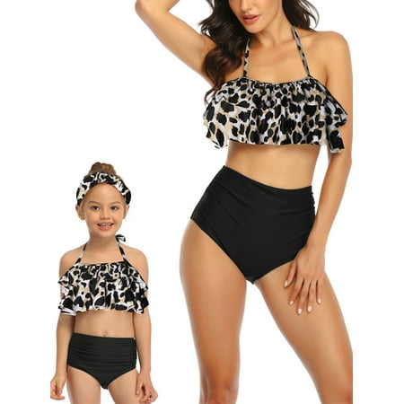 

Arvbitana Family Matching 2Pcs Tankini Swimsuit Leopard / Floral Print Halter Crop Tops + High Waist Triangle Panty Summer Bathing Suits Beachwear for Mommy Daughter