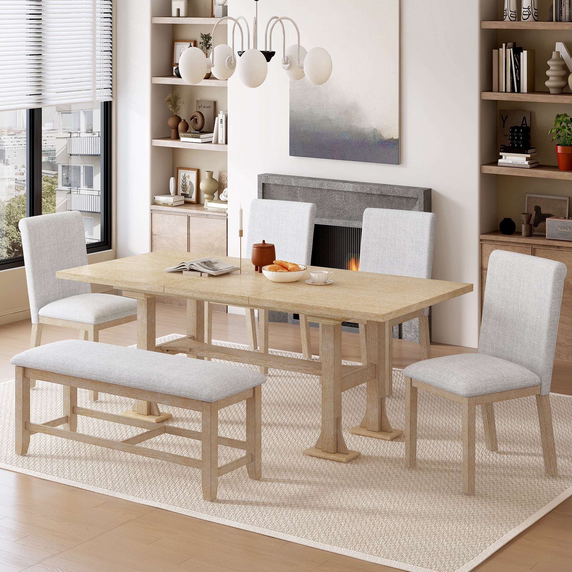 6-Piece Dining Table Set for 6, 58"-76" Extendable Dining Table with Removable Leaf, 4 Chair and Bench