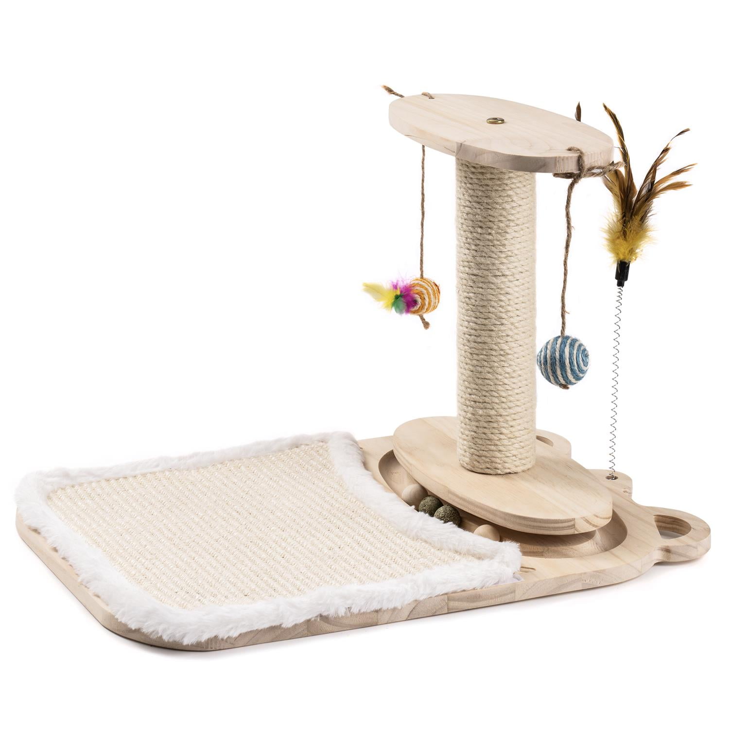 Pefilos 21 Inch Pets Cat Scratching Post Cat Scratcher Toy with Feather Stick and Mat Wooden 1-Layer Cat Turntable with 5 Interactive Balls and Dangling Ball Cat Toy, Beige Pefilos 21 Inch Pets Cat Scratching Post Cat Scratcher Toy with Feather Stick and Mat Wooden 1-Layer Cat Turntable with 5 Interactive Balls and Dangling Ball Cat Toy, Beige