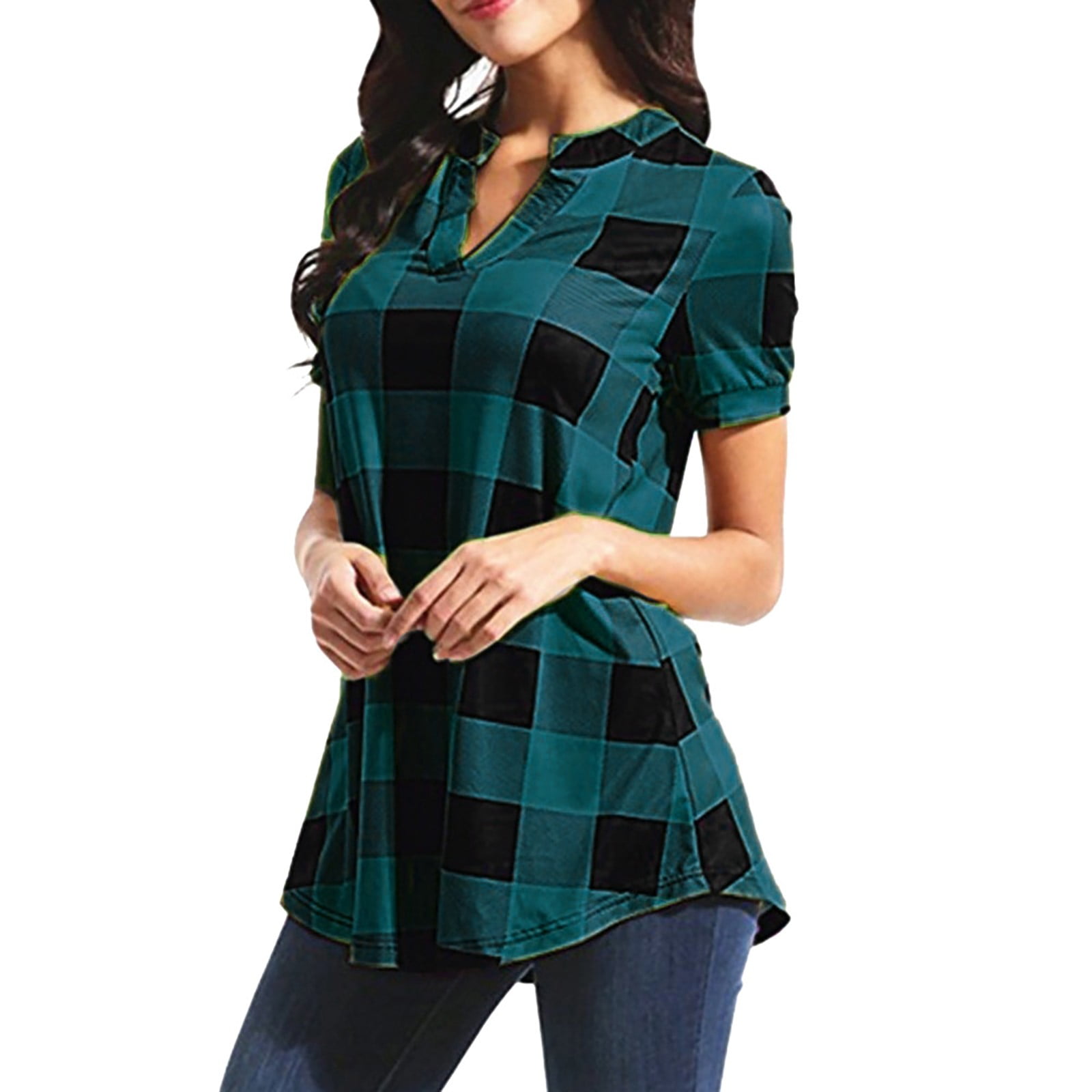 Alueeu women's top shirts Women Casual Plaid Printed Short Sleeve V-Neck  Irregular Hem Blouse T-Shirt Tops Green XL