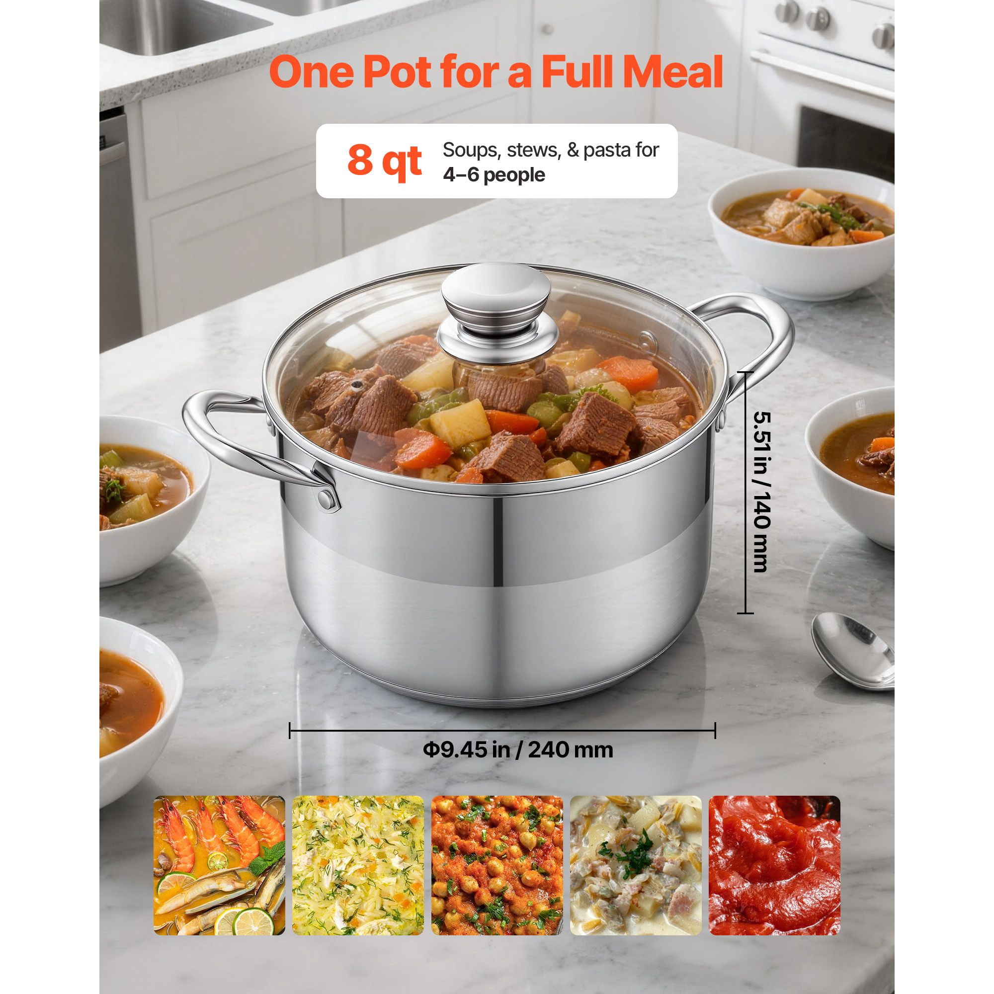 Stainless Steel Stock Pot 8 Quart with Glass Lid for Soups Stews Pasta
