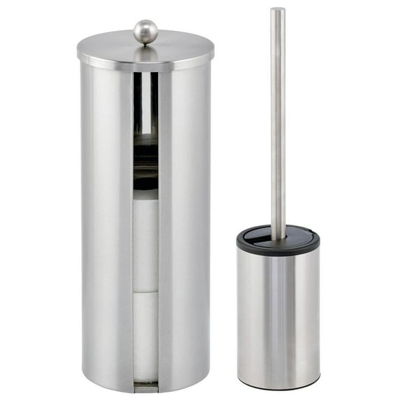 mDesign Stainless Bowl Brush/Toilet Paper Bathroom Holder Stand, Brushed Steel