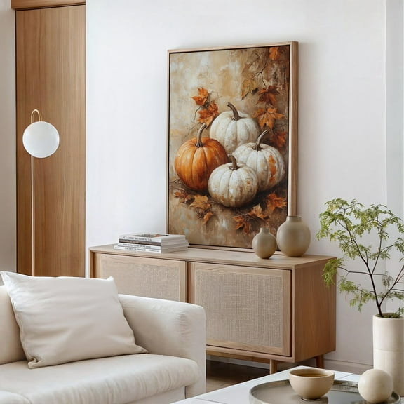 Vintage Fall Pumpkin Art - Orange & White Pumpkins With Autumn Leaves - Rustic Farmhouse Decor For Thanksgiving And Seasonal Homes Wall Art, Modern Wall Decor, 8x12 UNFRAMED