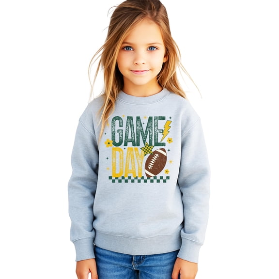 Trendy Game Day Sweatshirt for Women, Teens, and Kids Green & Yellow Girly Football Sweater Gray Sweatshirt Youth Medium