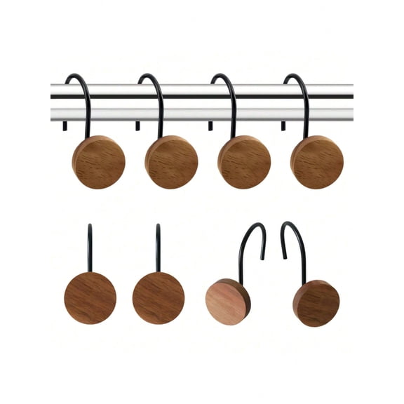 Decorative Farmhouse Shower Curtain Hooks, S Shape Metal Hooks with Round Wooden Disc, Rust Resistant for Bathroom Curtain, 12 Pack