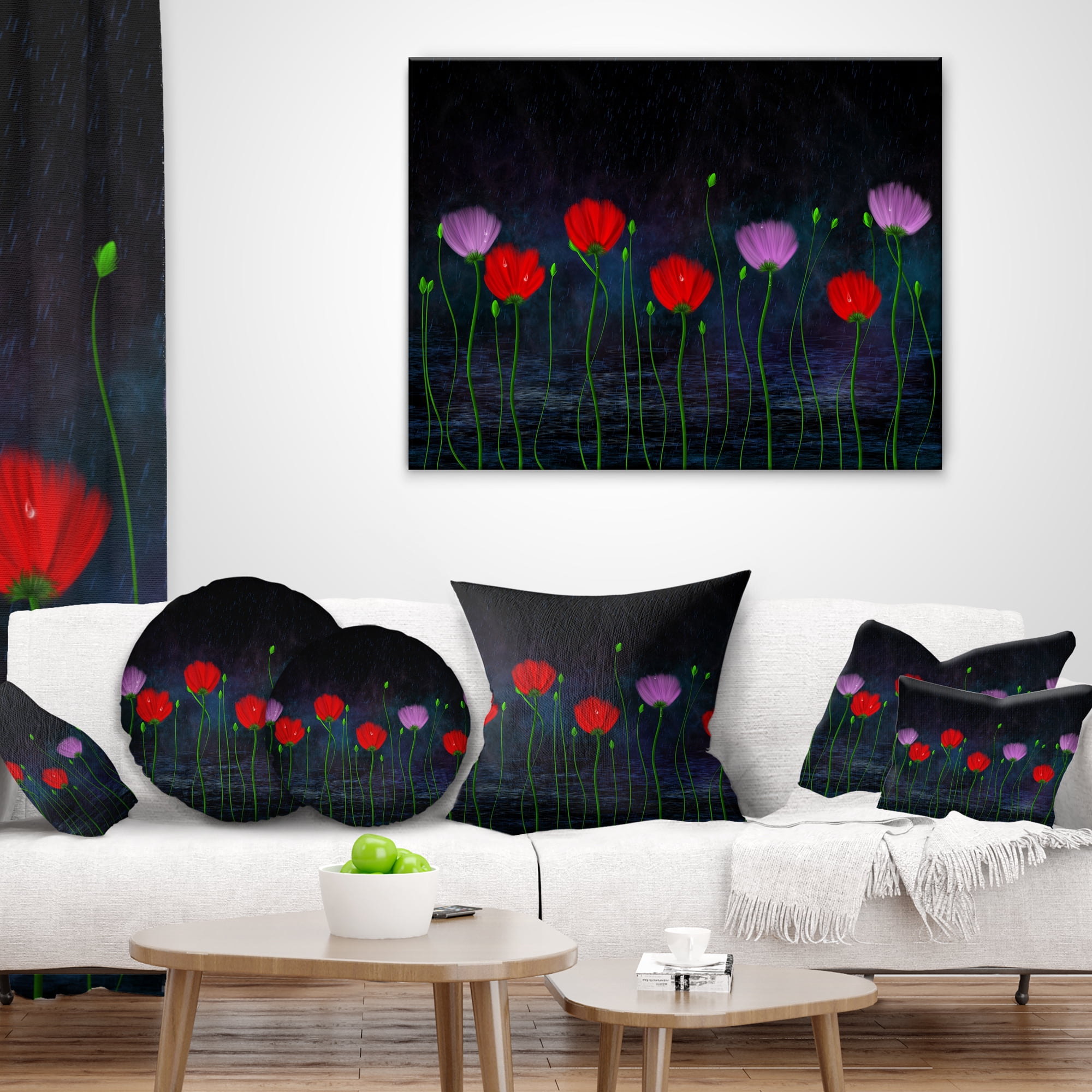 Designart Rain and Flowers with Buds and Drops - Floral Throw Pillow - 18x18