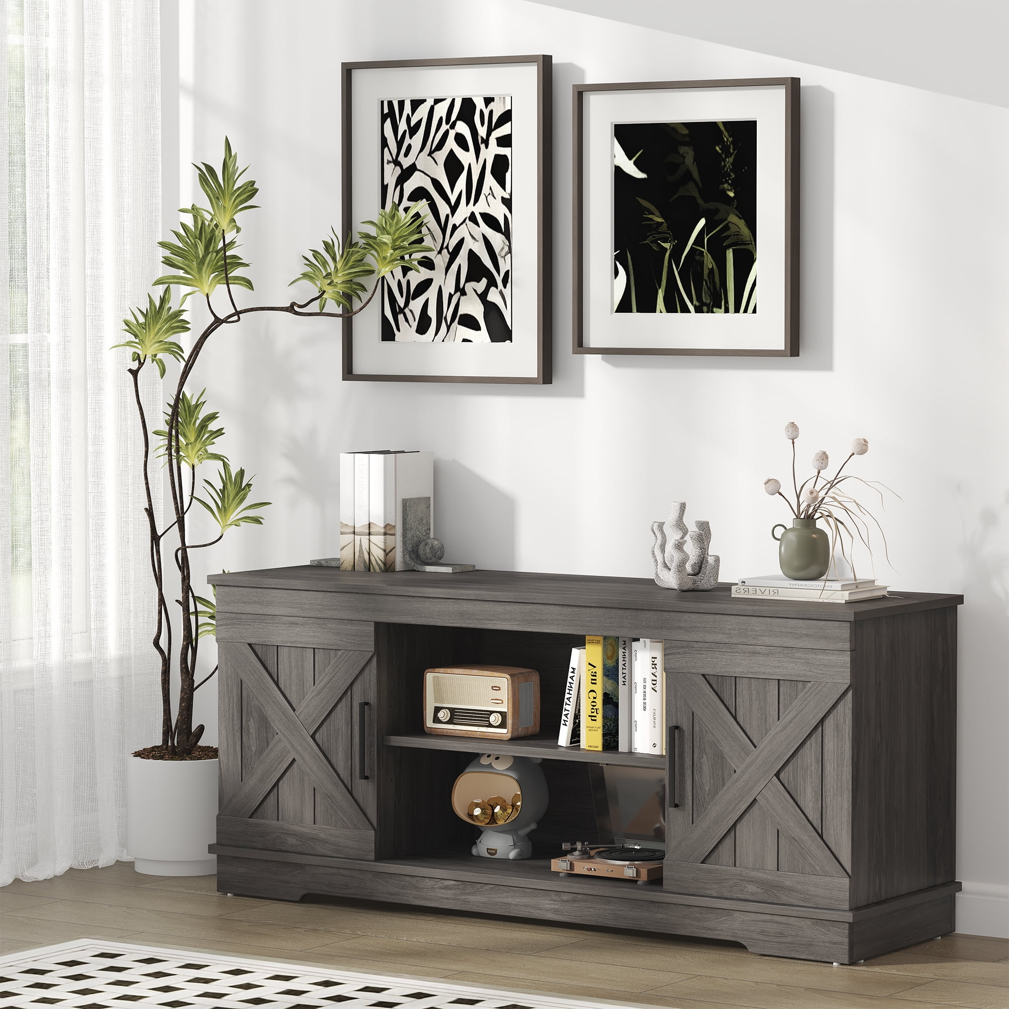 IULULU 58" Modern Farmhouse TV Stand for TVs up to 65", Natural Grey