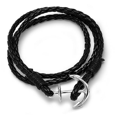 Double Wrap Around Bracelet - STEELTIME Men's Leather Wrap Around Metal Anchor Bracelet (Black, Brown, Blue, White, Red)