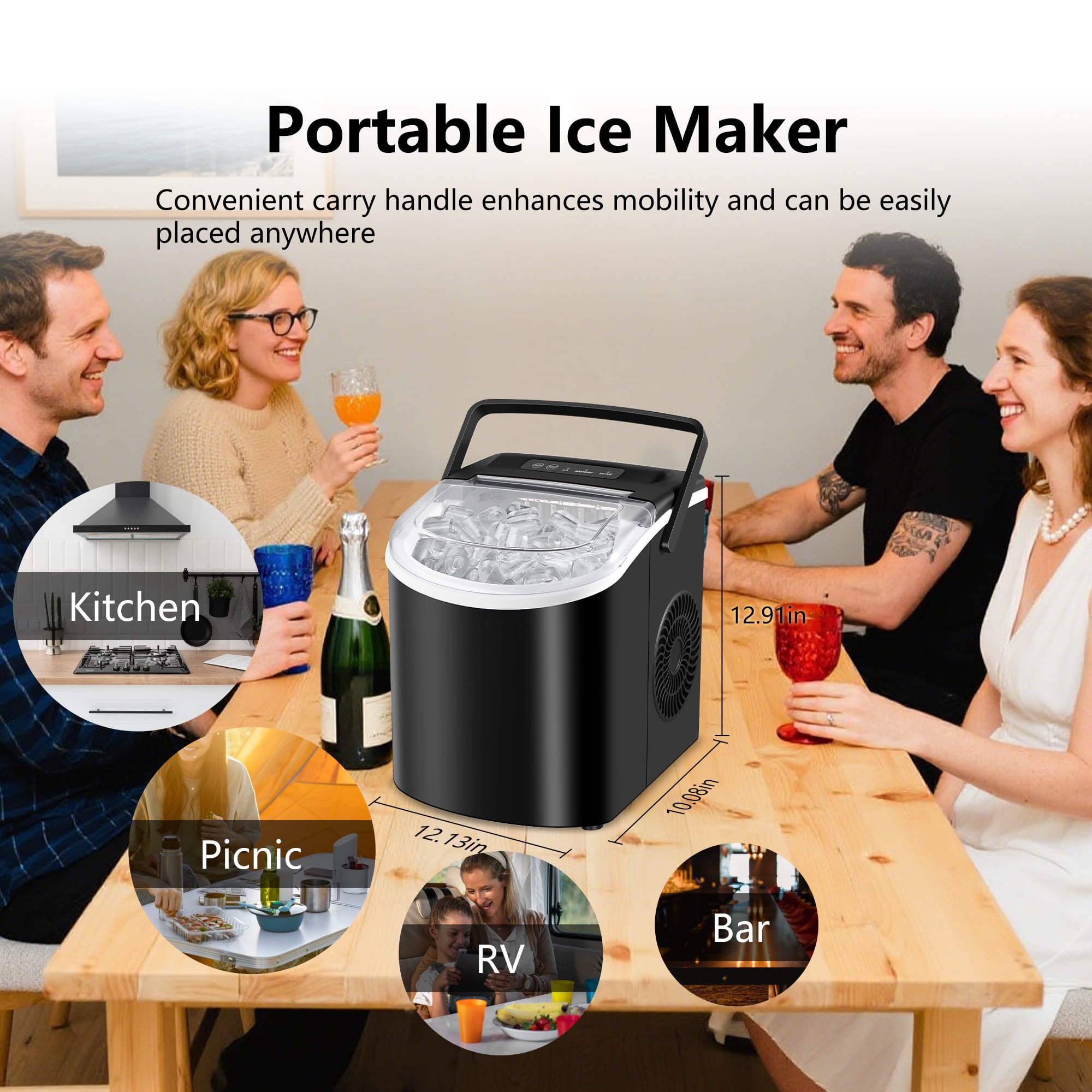 HUMSURE Countertop Ice Maker Machine with Handle, 26lbs  Per Day, 9 Ice Cubes Ready in 7 Mins, Self-Cleaning Portable Ice Maker with Basket and Scoop, for Home/Party/Kitchen/Camping/RV(Black)