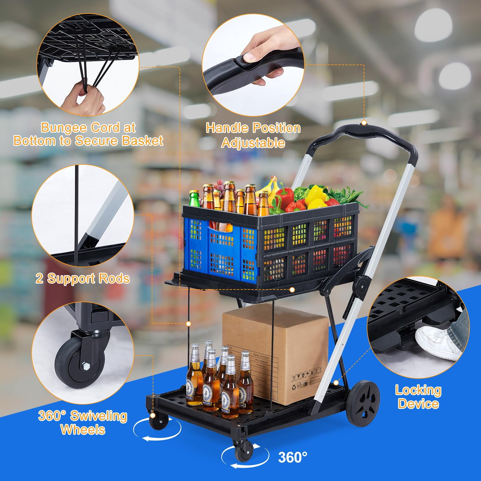 Folding Shopping Cart with Removable Storage Crate or 2 In 1 Folding Hand Truck Dolly with Removable Storage Crate or only 1 Portable Storage Basket for Home, Groceries, Supermarket