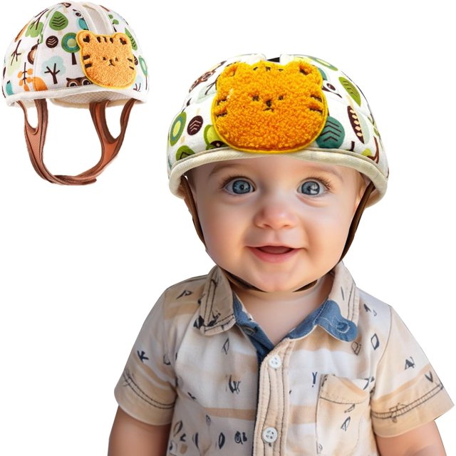 Casco de bebé para caminar y gear, suave casco de seguridad para bebés, 1 a 2 años para protector de cabeza anticaída, ajustable, transpirable (pequeño tigre, tamaño ajustable)