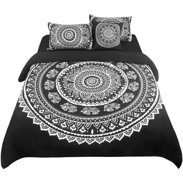 Unique Bargains 5Pcs Bohemian Duvet Cover Set Fitted Sheet Pillowcase Black