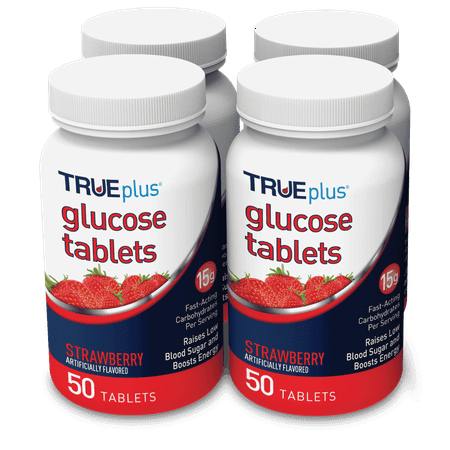 TRUEplus Glucose Tablets, Strawberry Flavor, 50ct (4 Pack), Fat-Free