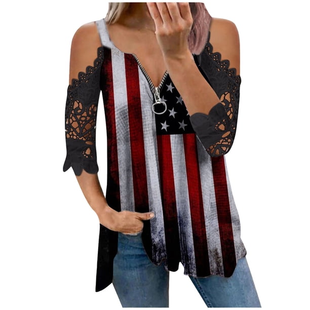 Moda Mujer Causal Cremallera Cuello Día de la independencia Blusa con estampado de encaje Camiseta de manga corta Tops de verano Fridja hjk237