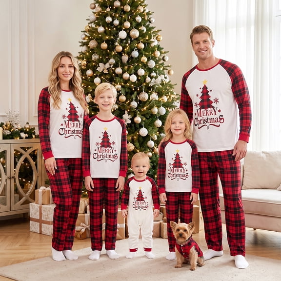 Family Christmas Pajamas Matching Sets Star Tree Letter Print Plaid Pajamas Sleepwear Pjs with Dog
