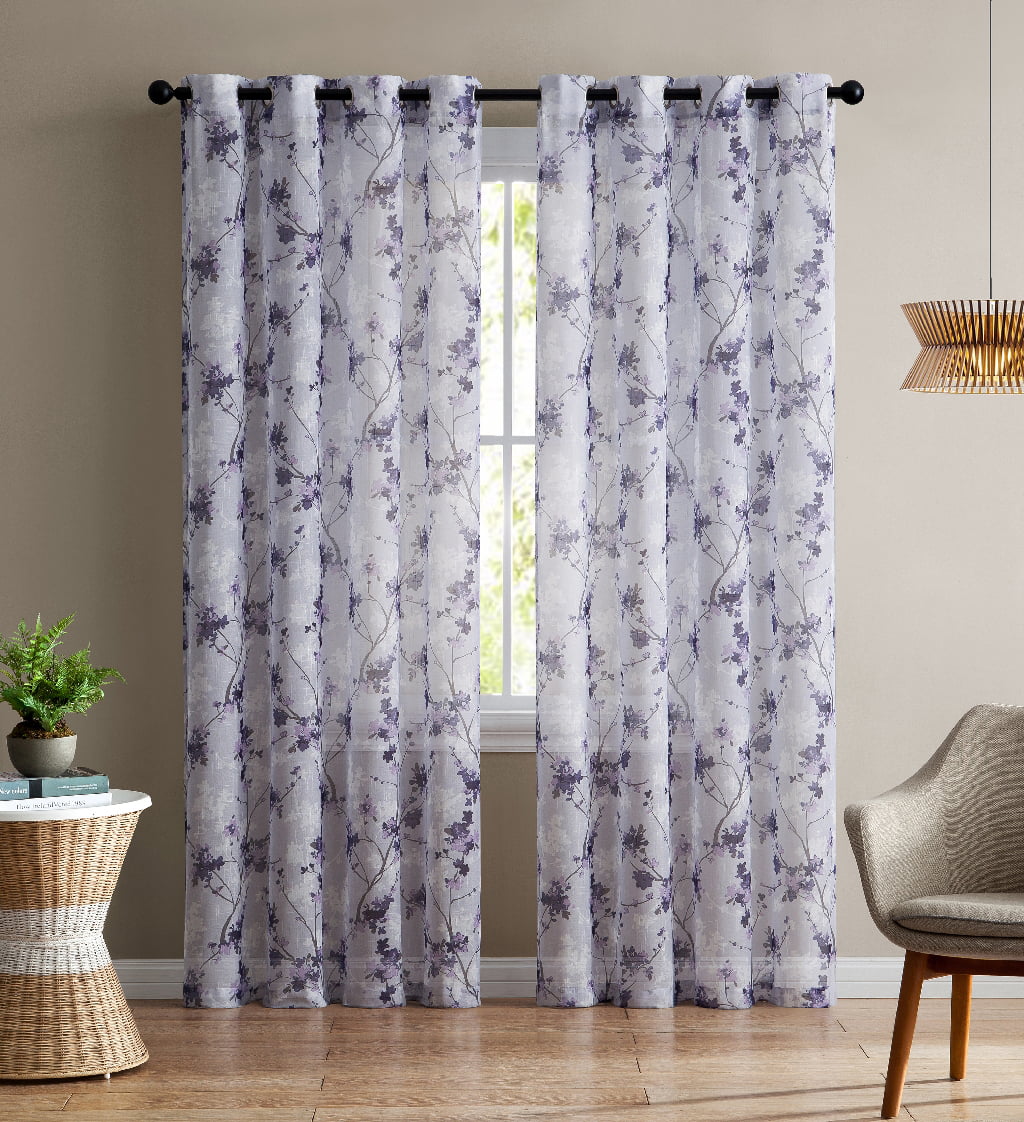 Purple White Floral Design 84L Grommets Set of Two Sheer Window Curtain Panels 