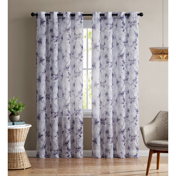 Set of Two (2) Sheer Window Curtain Panels Grommets, Purple and White Floral Design 84" Long