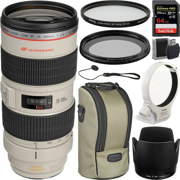 Canon EF 70-200mm f/2.8L USM Telephoto Zoom Lens with Must Have Starter Bundle. Includes: SanDisk 64Gb extreme Pro Memory Card, UV Filter, Variable Neutral Density Filter, Lens Hood, and Much More.