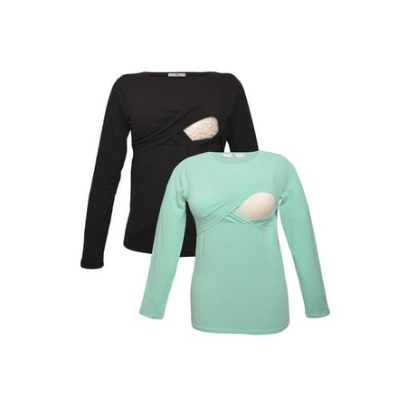 

LVMA2700 - 2 Pack - Premium Soft Cotton - Women Long Sleeve Nursing Maternity T-Shirt - 2 Piece Set