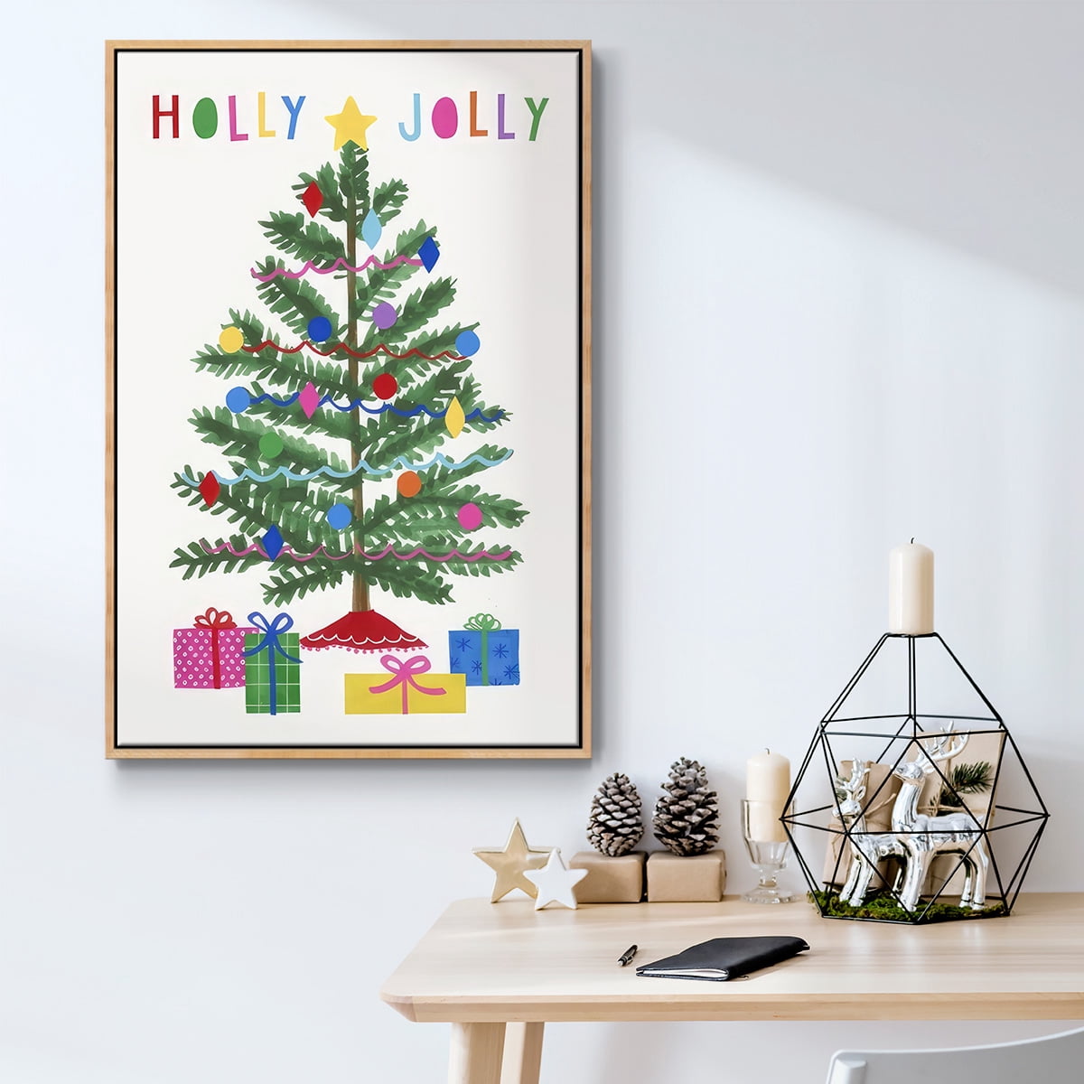 Colorful Christmas Collection B - Framed Gallery Wrapped Holiday Canvas - 17 x 25 - Natural Wood Frame