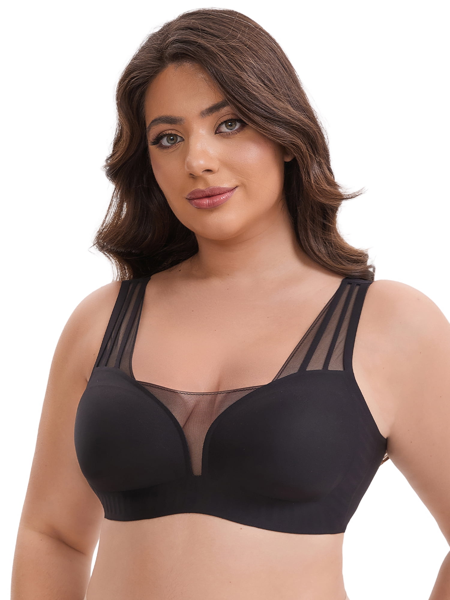 DARING DIVA Mesh Wireless Push Up Wide Straps V-Neck Lightweight Bra M Black