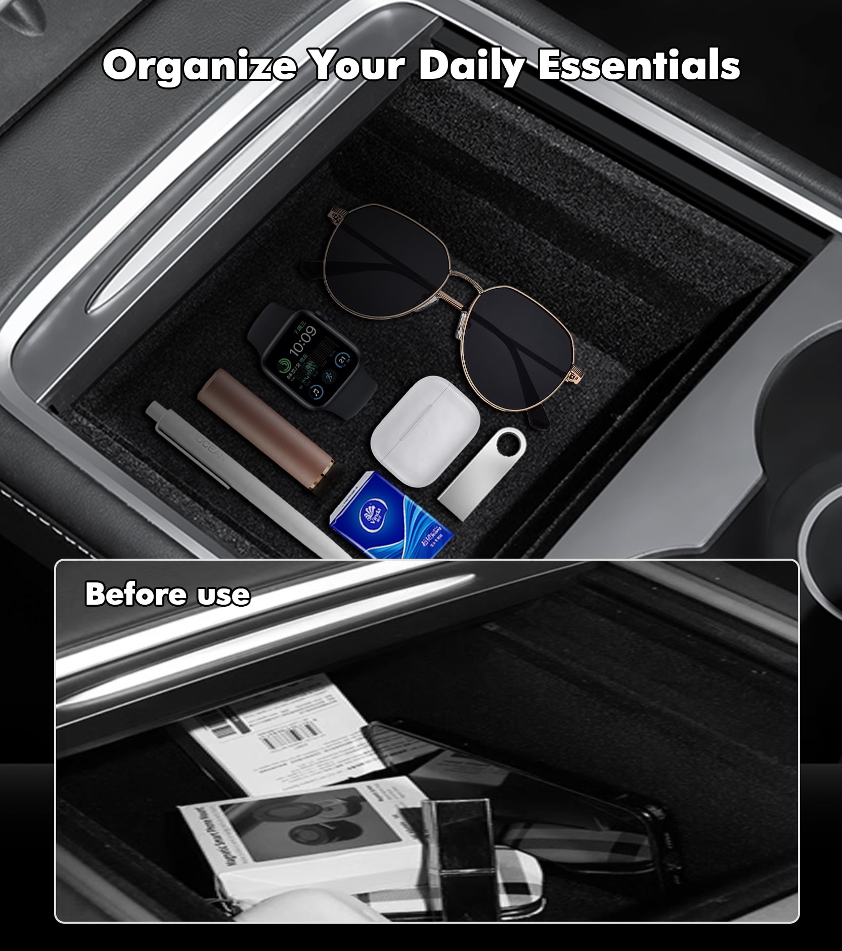 Center Console Tray Organizer Replacement For 2025-2026 Tesla Model Y Juniper Front and Rear 2Pcs Automotive Car Organizers Storage Flocking
