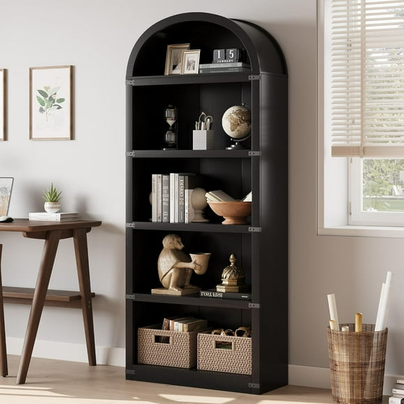 Bookcase 5 Shelf Arched Bookshelf 71.65in Tall Bookcase Farmhouse Display Storage Rack Wooden Bookshelves for Home Office, Living Room