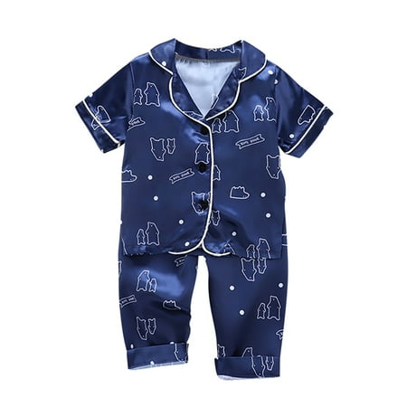 

Wuffmeow Summer Kids Boys Standing Bear Sleepwear Set Short Sleeve Blouse Tops+Night Pants