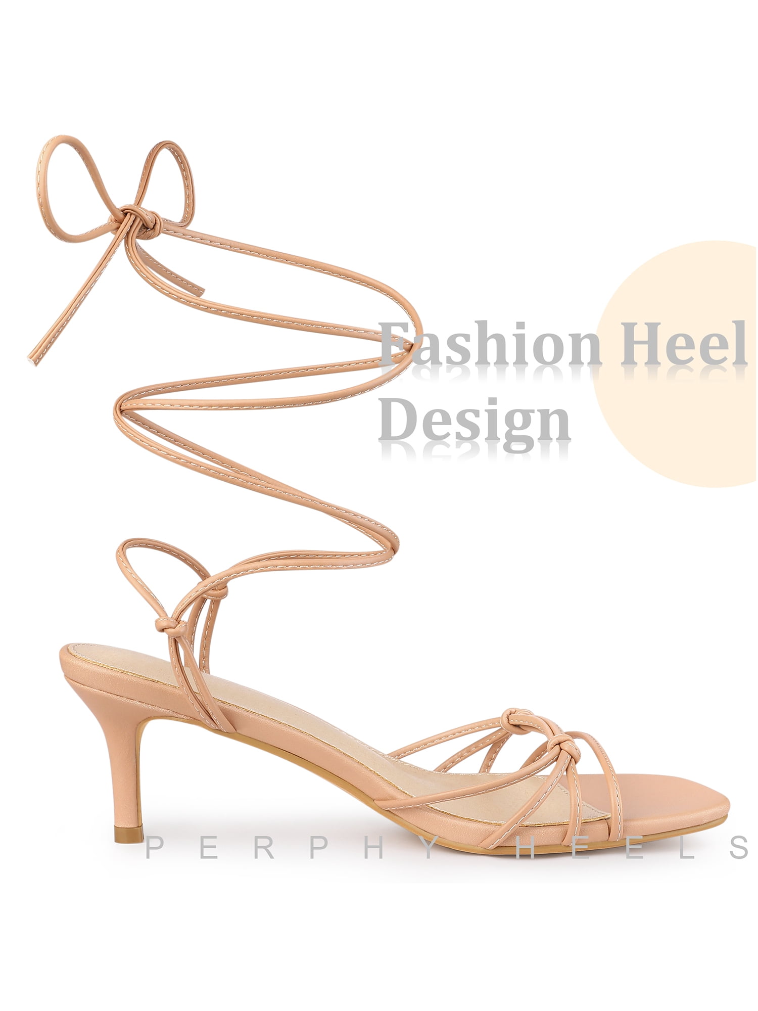 DARING DIVA Women's Knot Lace Strappy Square Toe Kitten Heel Sandals Nude 9