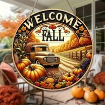 Coollooc Fall Door Decor Fall Truck Wall Decor Hello Fall Door Sign Wooden Fall Door Wreath Rustic Truck Maple Leaf Pumpkin Door Hanger for Harvest Thanksgiving Porch Farmhouse Indoor Decor