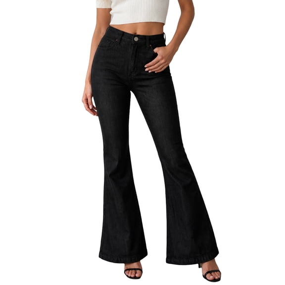 Rexolia Women's High Waisted Flare Jeans Bell Bottom Stretchy Denim Black L