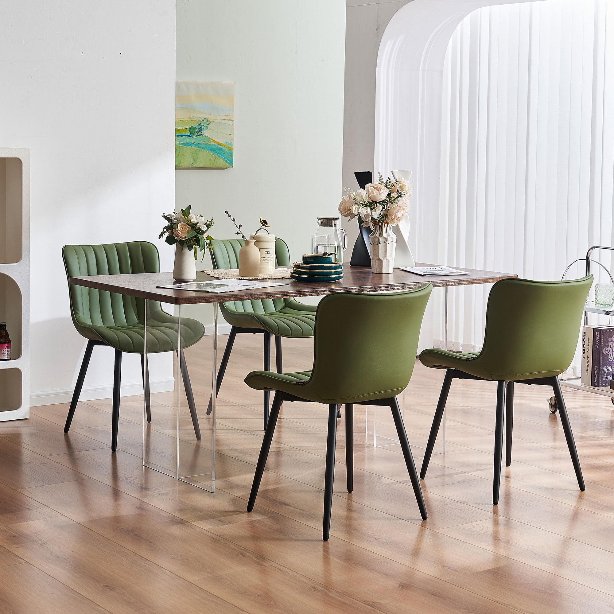 YOUNIKE Soft Dining Chair Set of 2 Faux Leather Upholstered Wide Back Kitchen Chair, Green